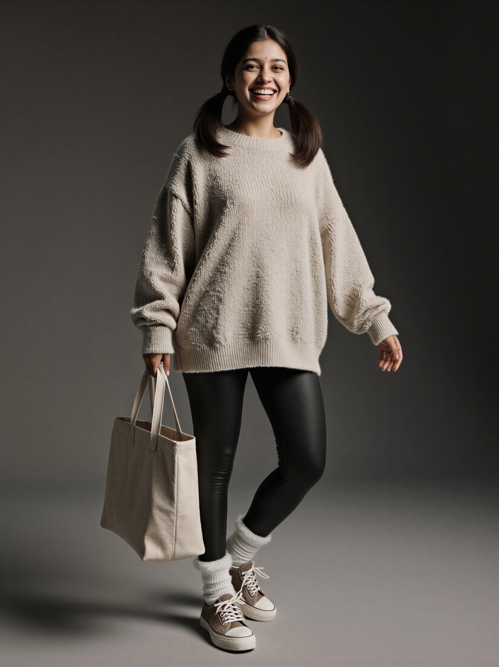 Young woman in cozy outfit with beige tote bag
