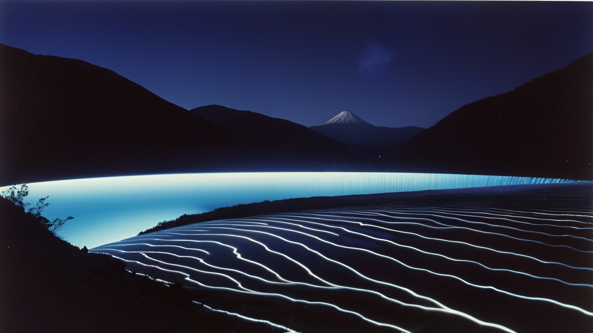 Nighttime Landscape with Lake and Mountains Reflection