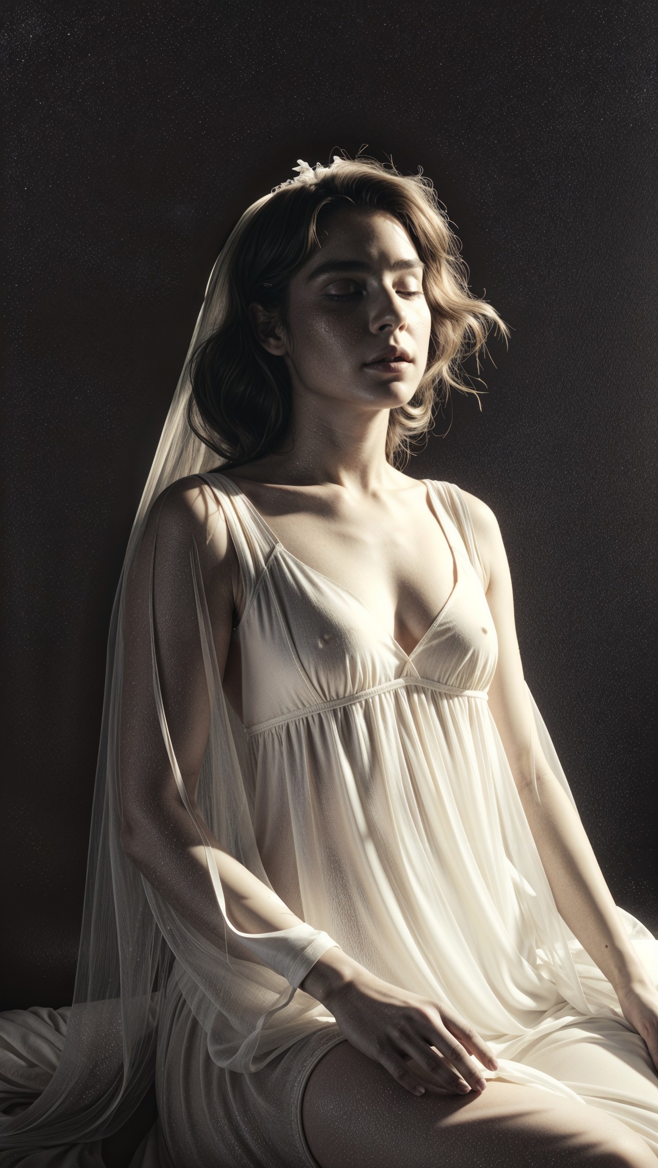 Serene Woman in White Dress with Ethereal Veil