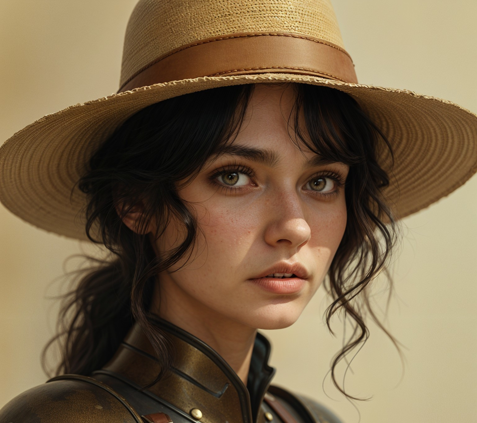 Young woman in straw hat with metallic outfit