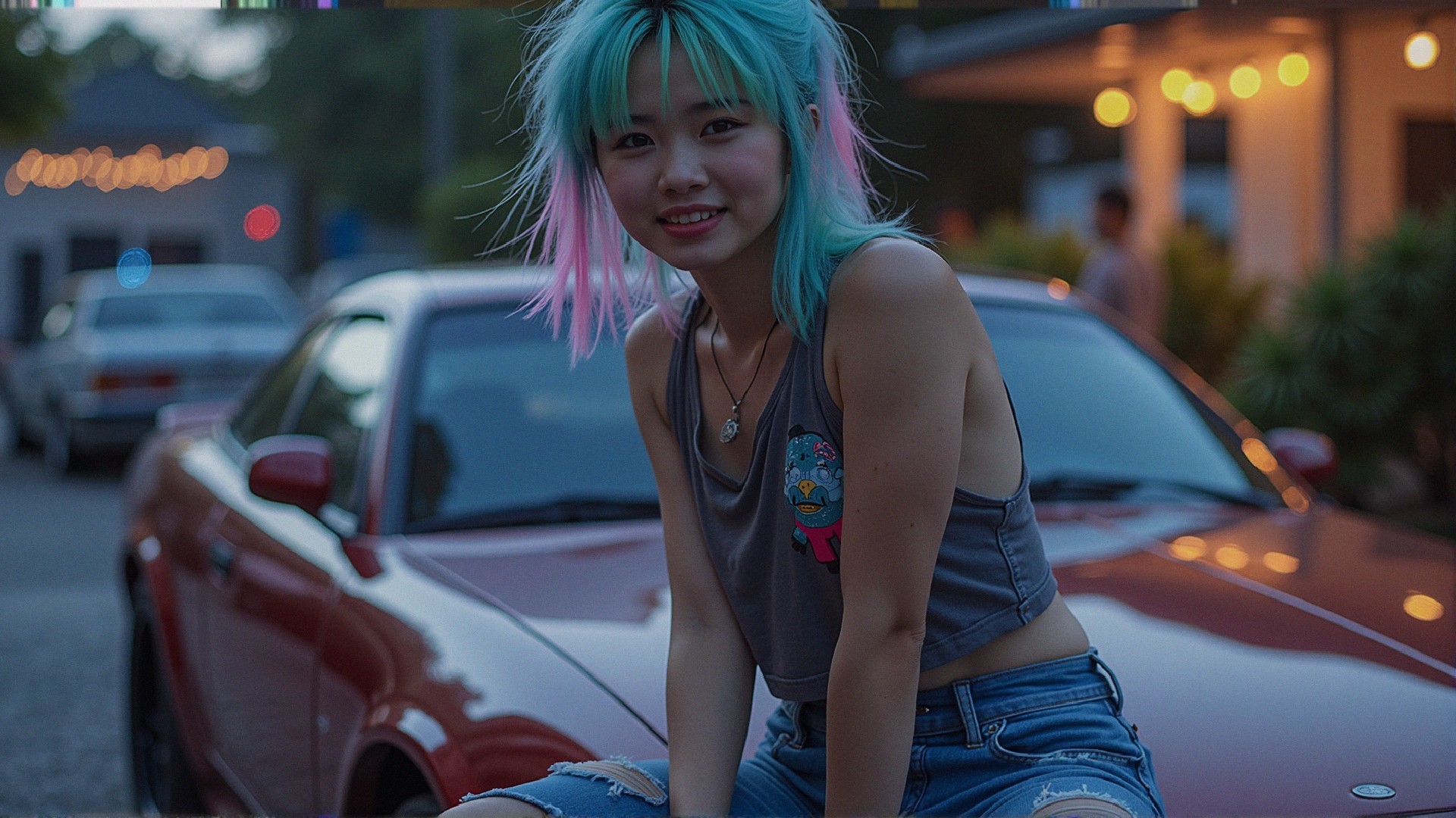 Young woman with colorful hair on red sports car