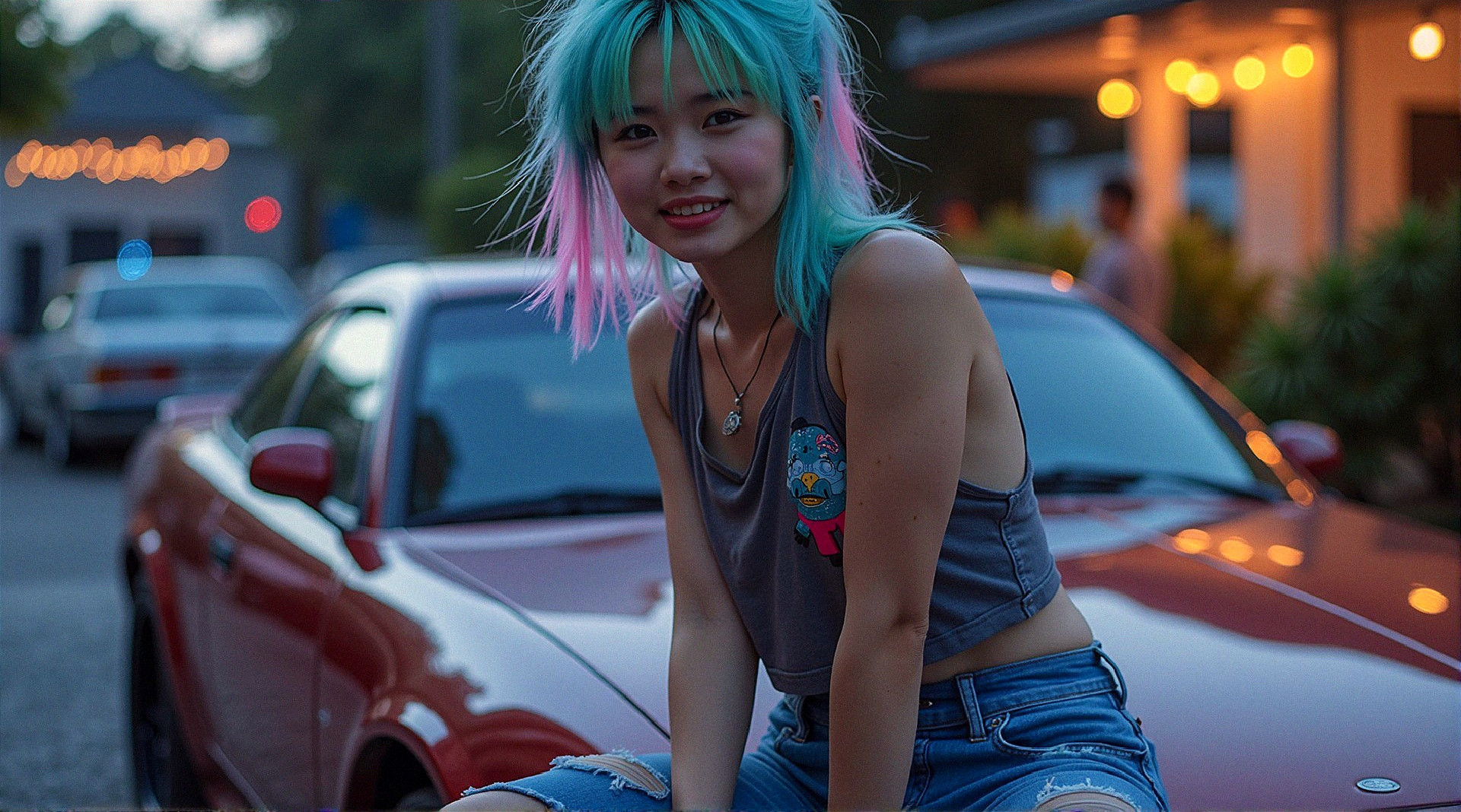 Young woman with colorful hair on red sports car