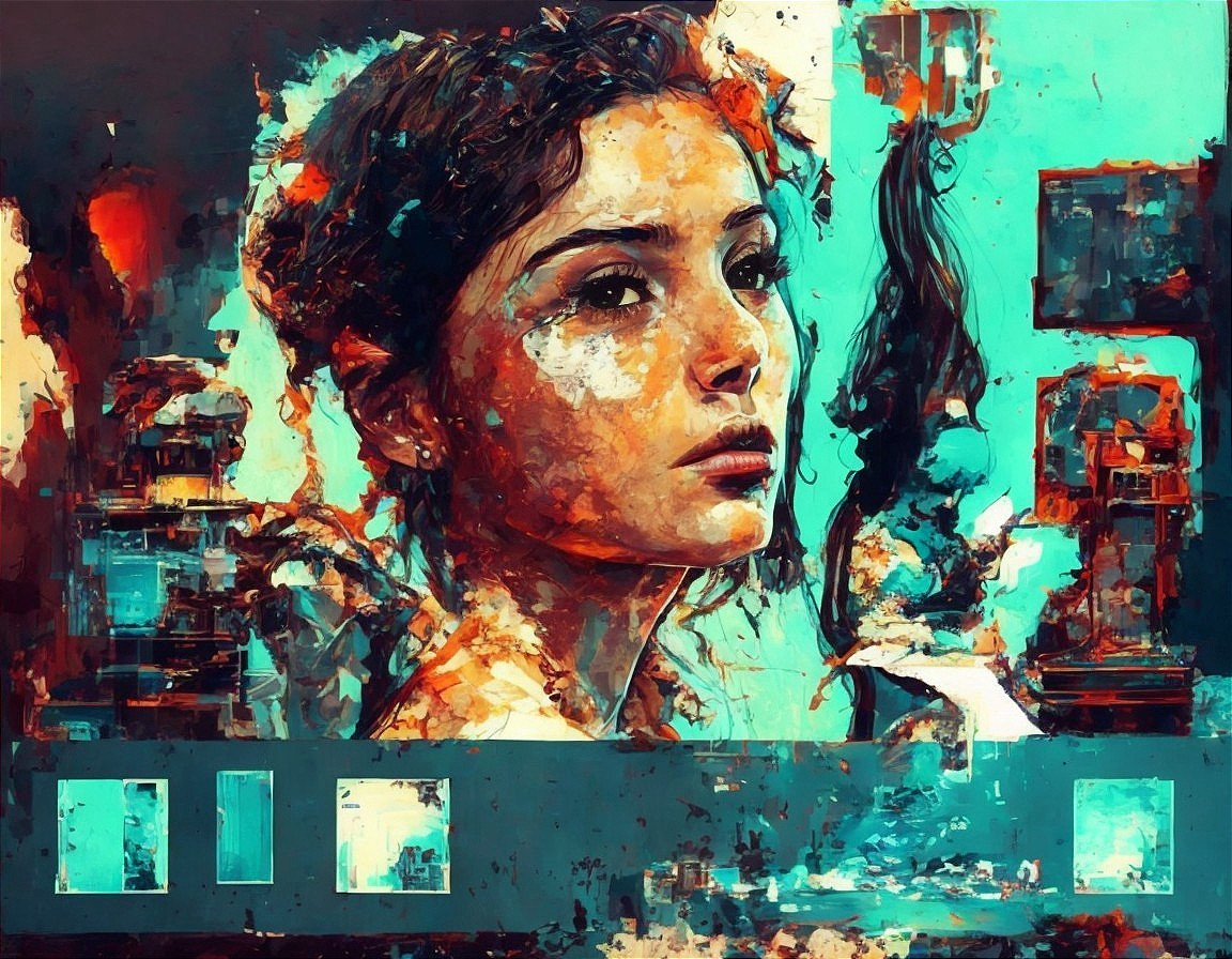 Vibrant Portrait of a Contemplative Woman with Abstract Elements