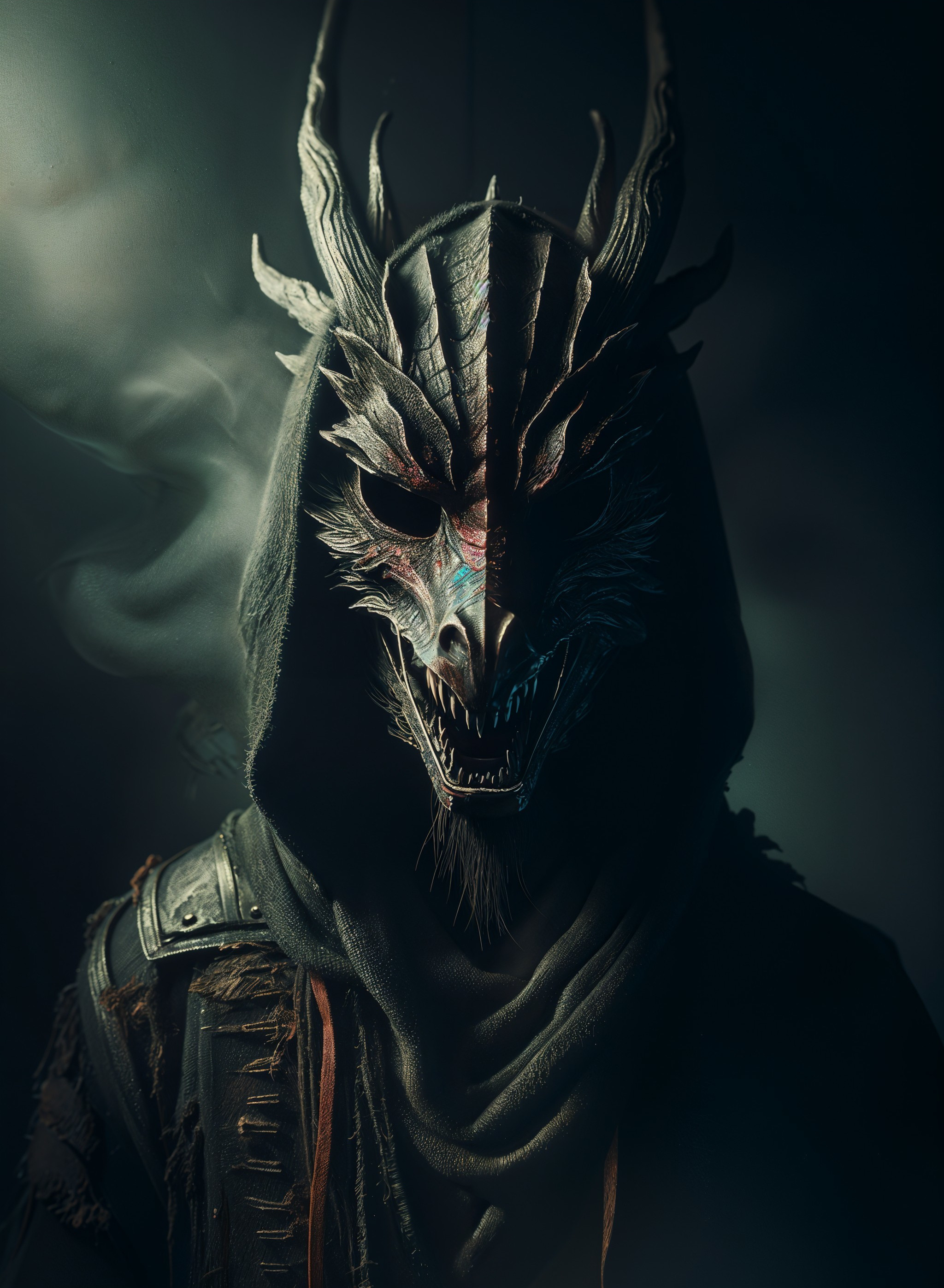 Mysterious figure in dragon mask and dark cloak