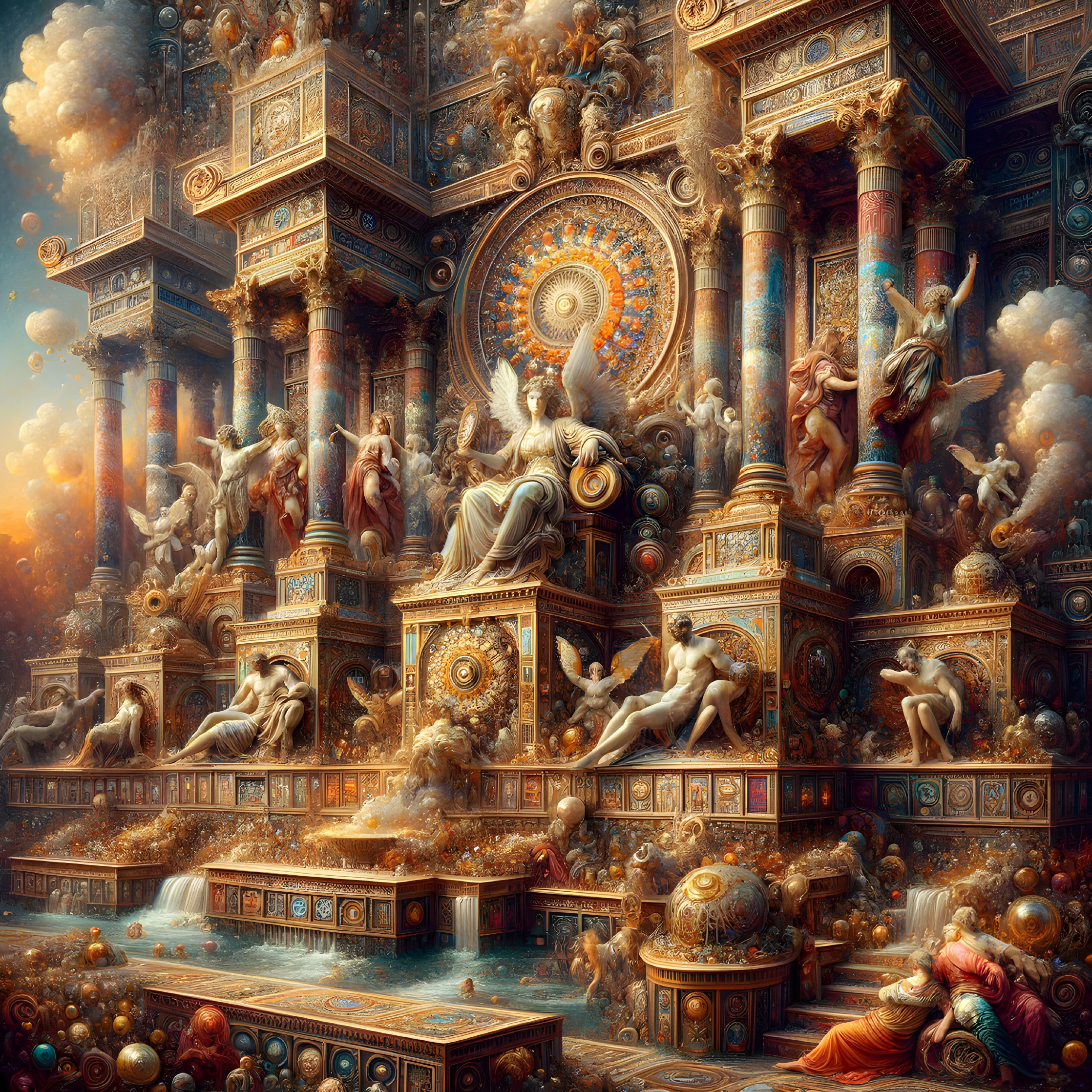 Baroque Architecture with Sculptures and Golden Light