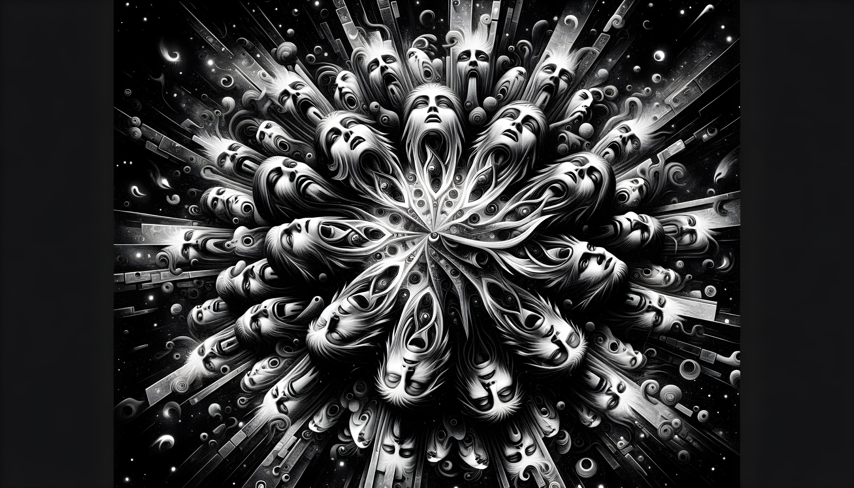 Grayscale Abstract Artwork with Surreal Faces and Spheres