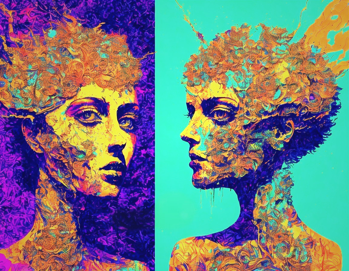 Colorful digital artwork: Two profiles with intricate foliage patterns in purple-yellow and blue-orange.