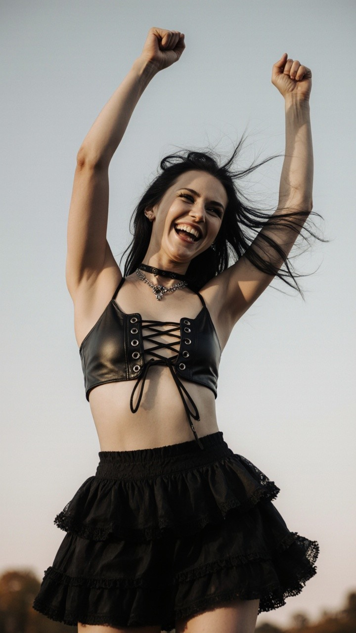 Young Woman in Black Outfit Against Clear Sky