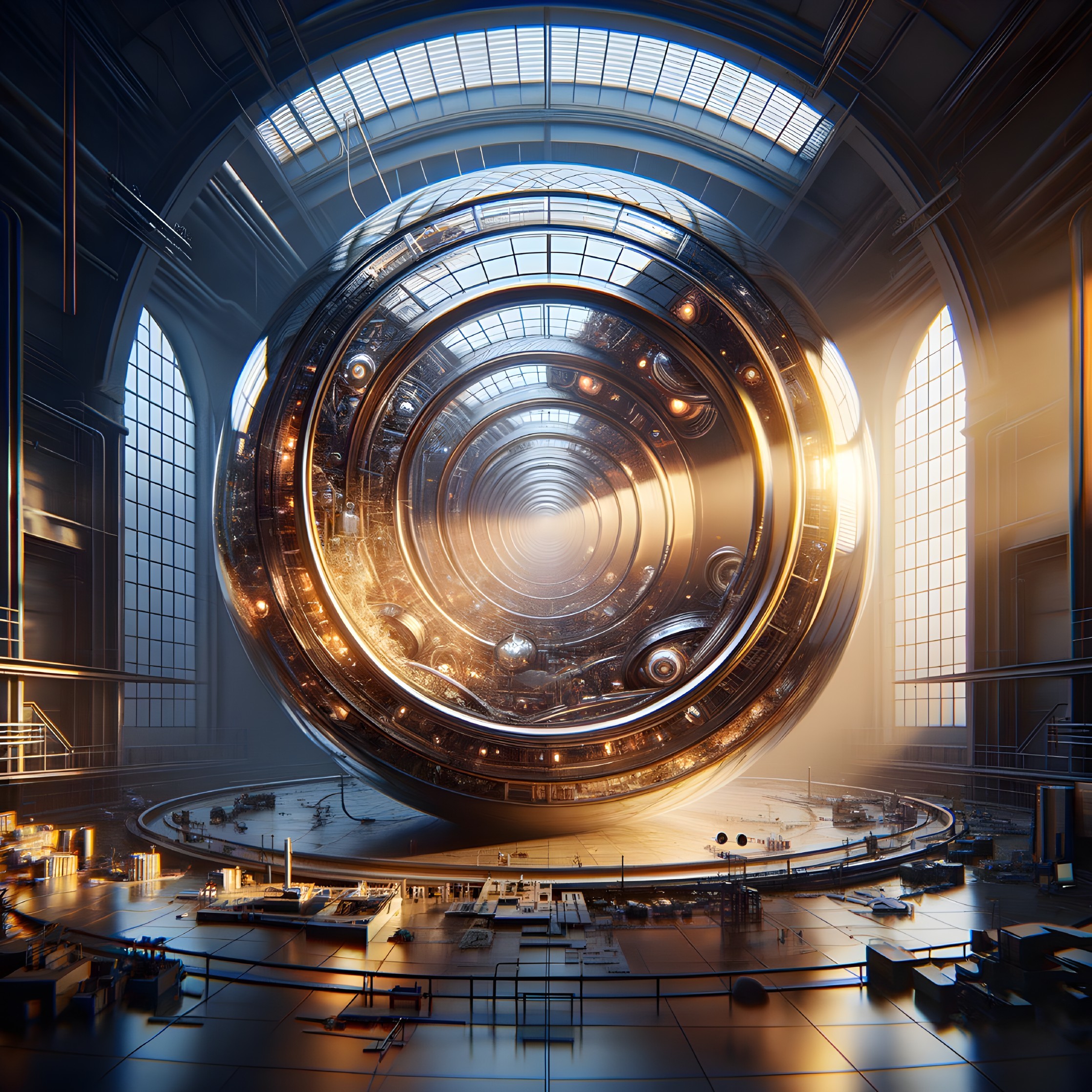 Futuristic spherical structure in grand industrial hall