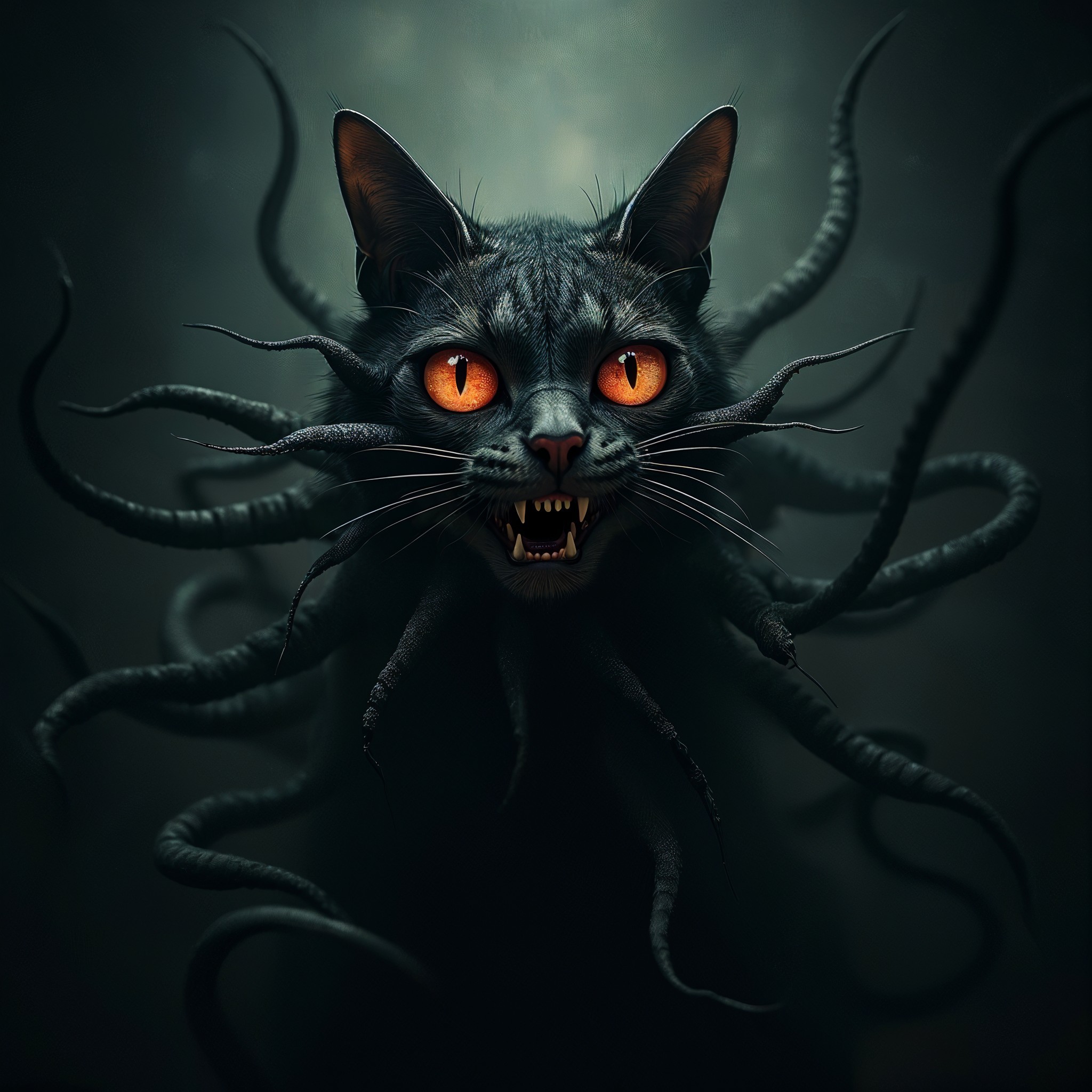 Menacing black cat with glowing eyes and tentacles
