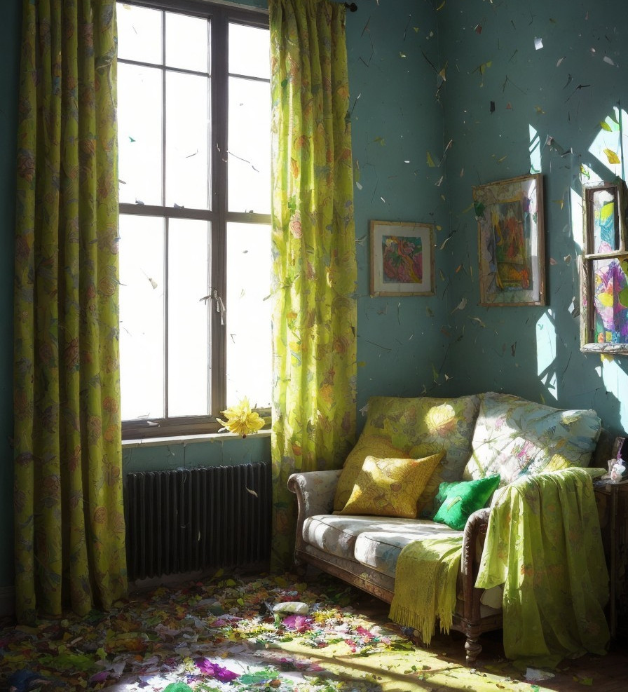 Cozy Bright Room with Floral Curtains and Vintage Sofa