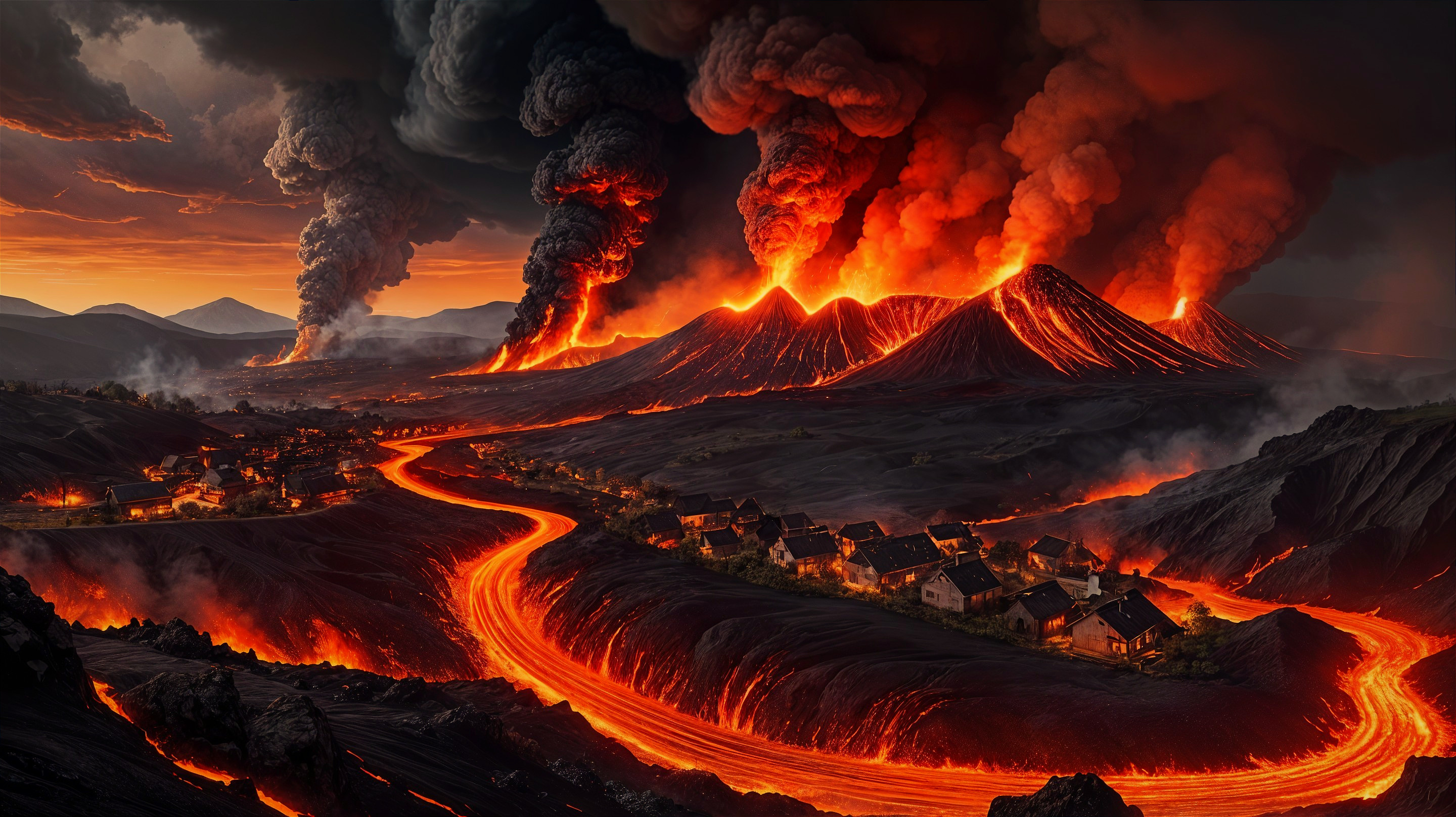 Dramatic Volcanic Landscape with Erupting Lava