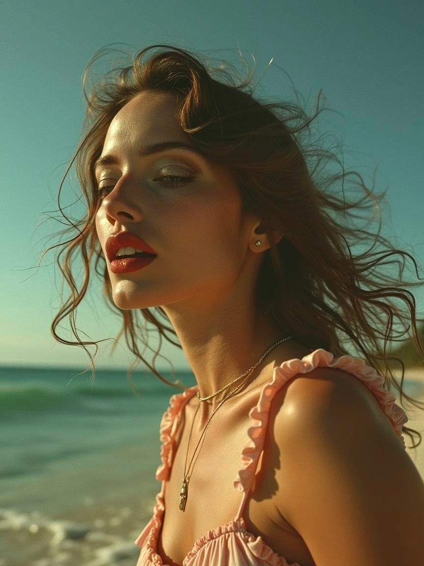 Woman by the beach with ruffled pink dress and red lips