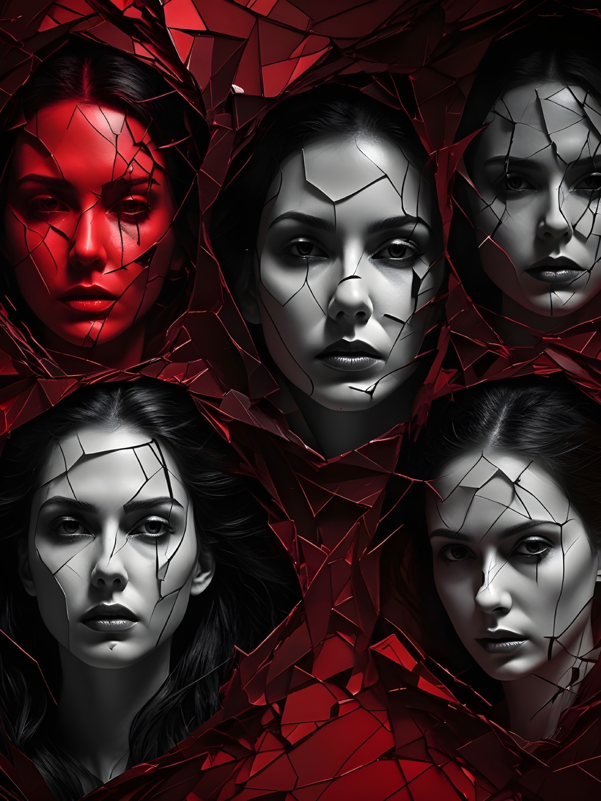 Composition of Five Faces Through Shattered Glass