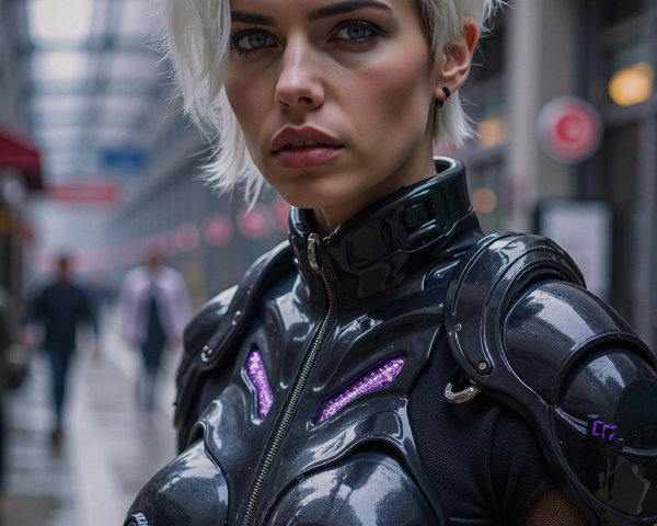 Futuristic Individual in Black Bodysuit with Purple Accents