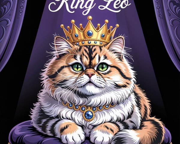 Regal Cat on Purple Throne with Golden Crown