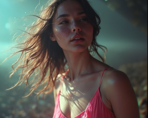 Young woman in pink dress in sunlit forest setting