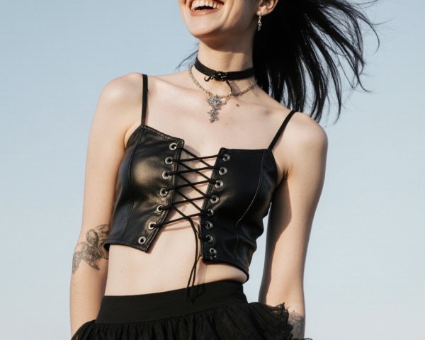 Young woman in stylish leather crop top outdoors