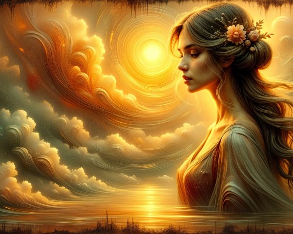 Serene Woman at Sunset with Vibrant Cloud Swirls