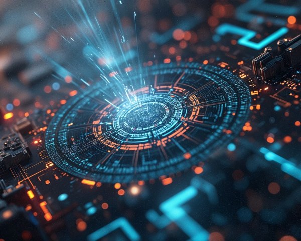 Futuristic Circuit Board with Glowing Patterns and Microchips