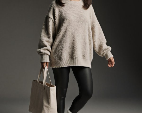 Young woman in cozy outfit with beige tote bag