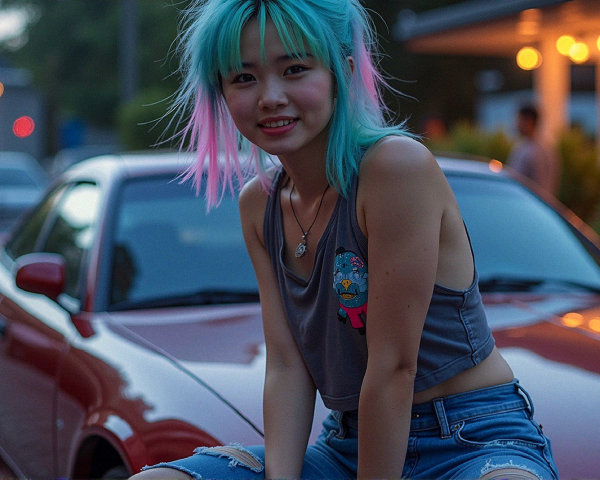 Young woman with colorful hair on red sports car