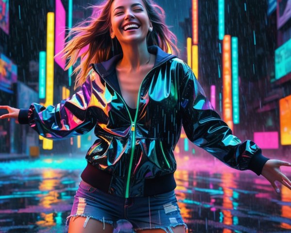 Young Woman Dances in Neon-Lit Urban Landscape