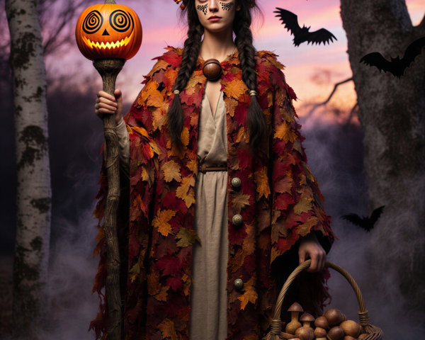 Mystical Figure in Forest with Autumn Leaves and Bats