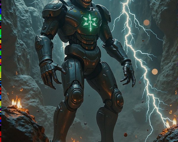 Futuristic Robot in a Rocky Cave with Green Light