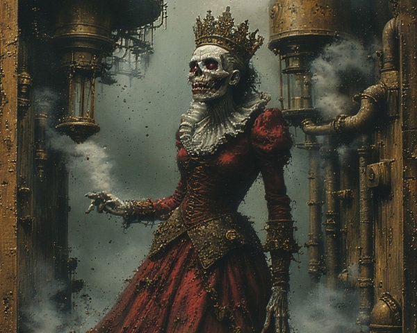 Regal figure in red gown with skull face in misty setting