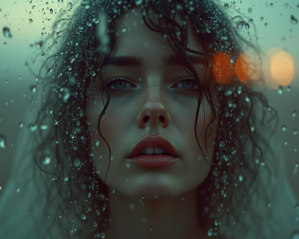 Close-Up Portrait of Young Woman with Raindrops