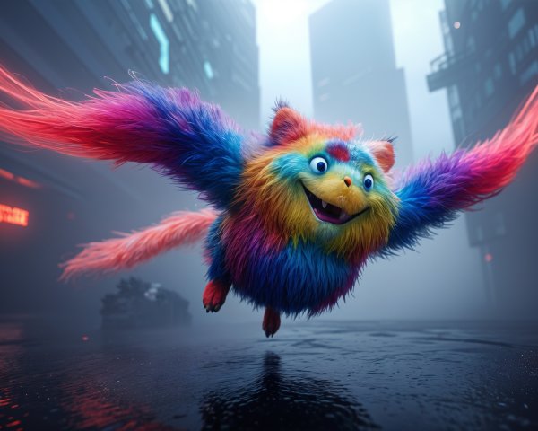 Colorful creature soaring in a misty urban landscape
