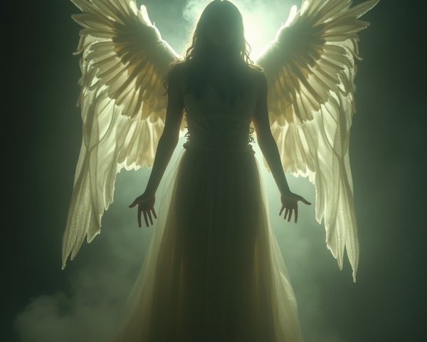 Silhouette of a Figure with Ethereal Wings in Fog