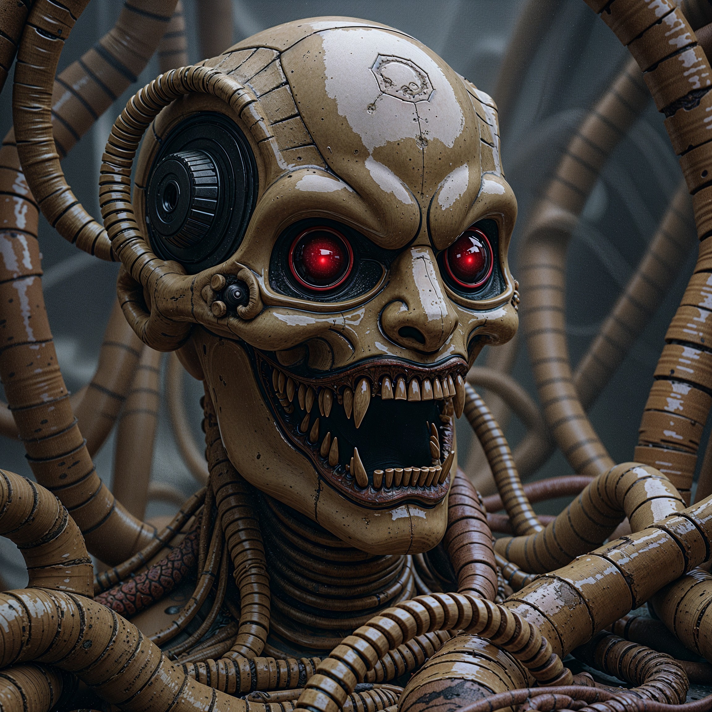 Robotic Figure with Skull Face and Glowing Eyes