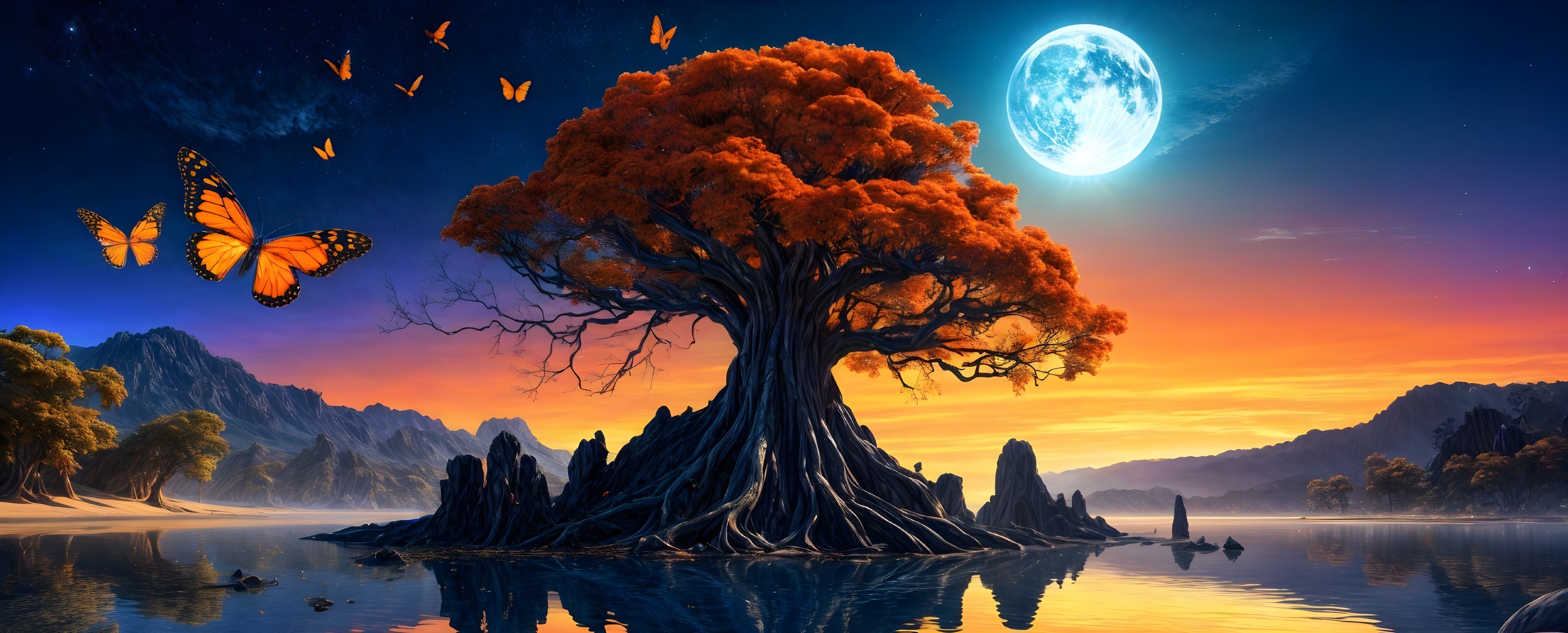 Vibrant Sunset Landscape with Majestic Tree and Lake