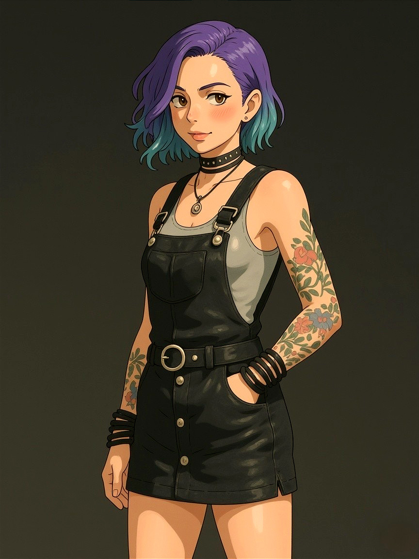 Female character with purple and teal hair in denim overall