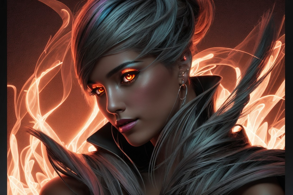 Digital Artwork of Woman with Red Eyes and Silver Hair