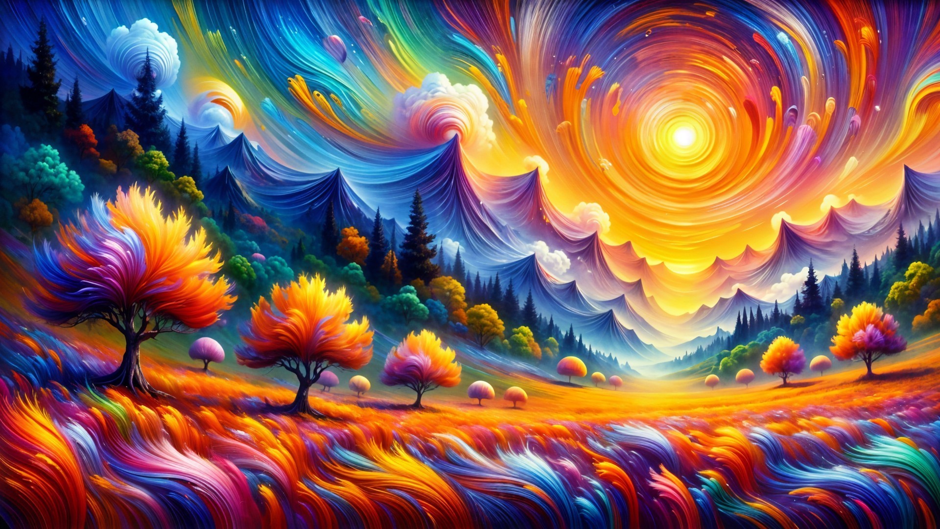 Vibrant Colorful Landscape with Sun and Dreamlike Fields