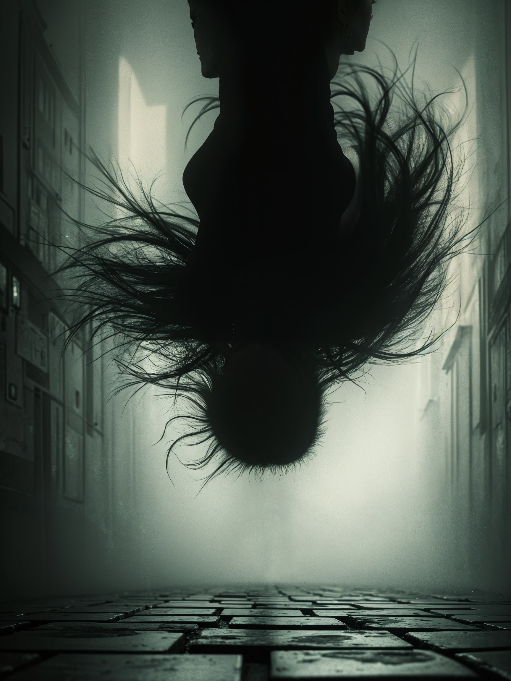 Upside Down Figure in Foggy Desolate Alleyway
