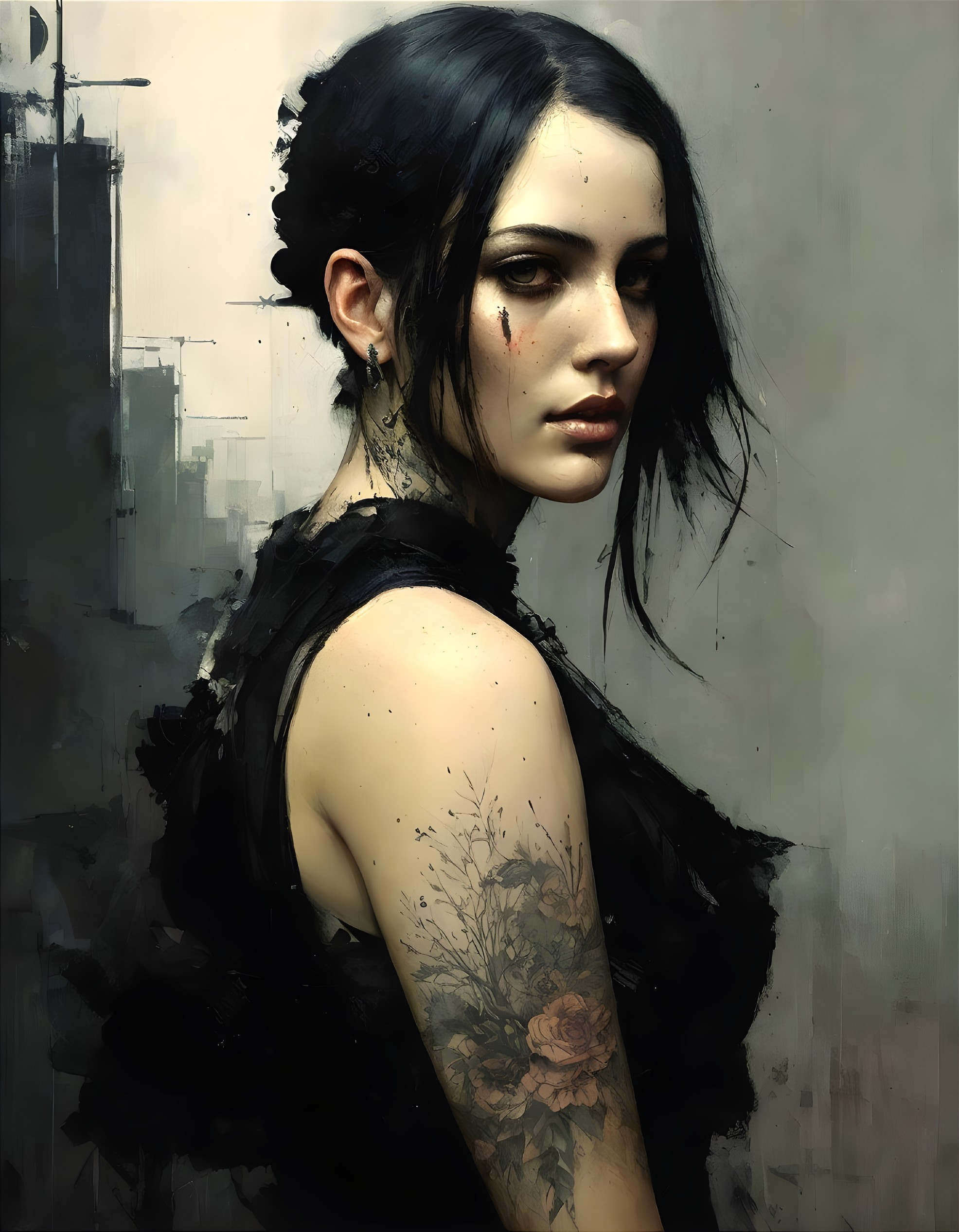 Digital painting of a woman with floral tattoo details