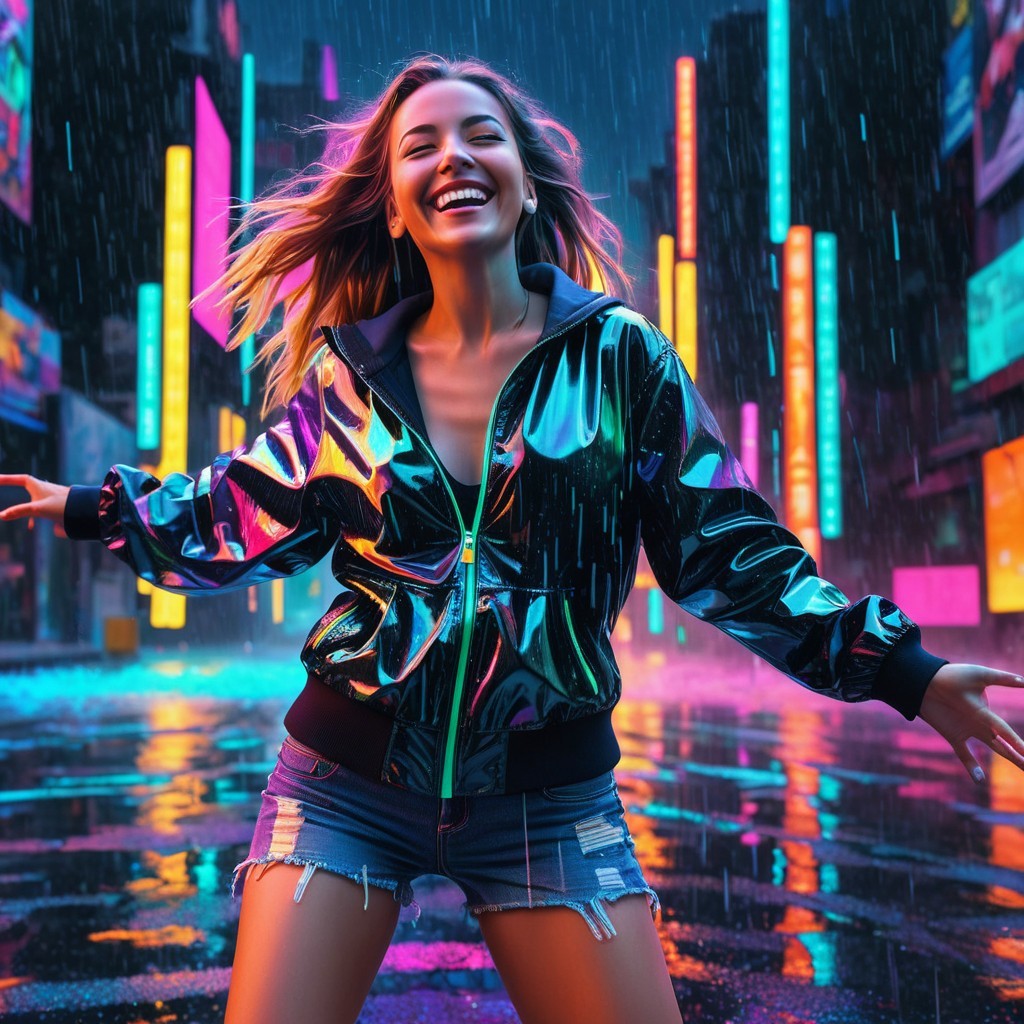 Young Woman Dances in Neon-Lit Urban Landscape