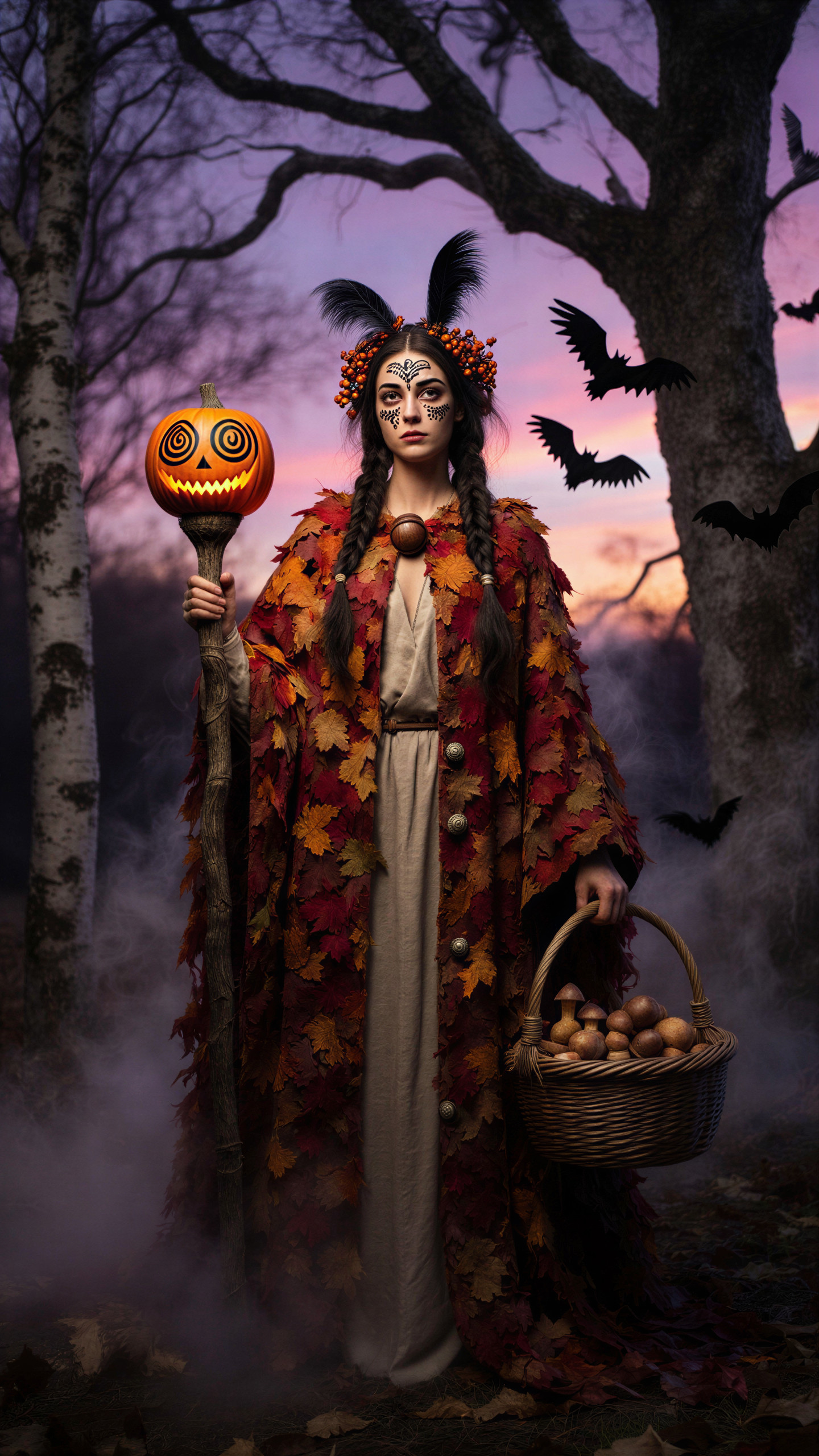 Mystical Figure in Forest with Autumn Leaves and Bats