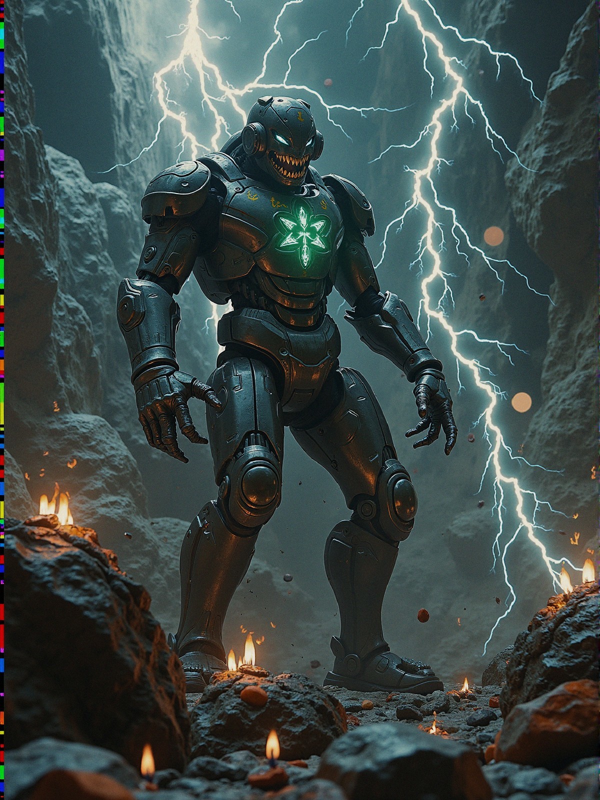 Futuristic Robot in a Rocky Cave with Green Light