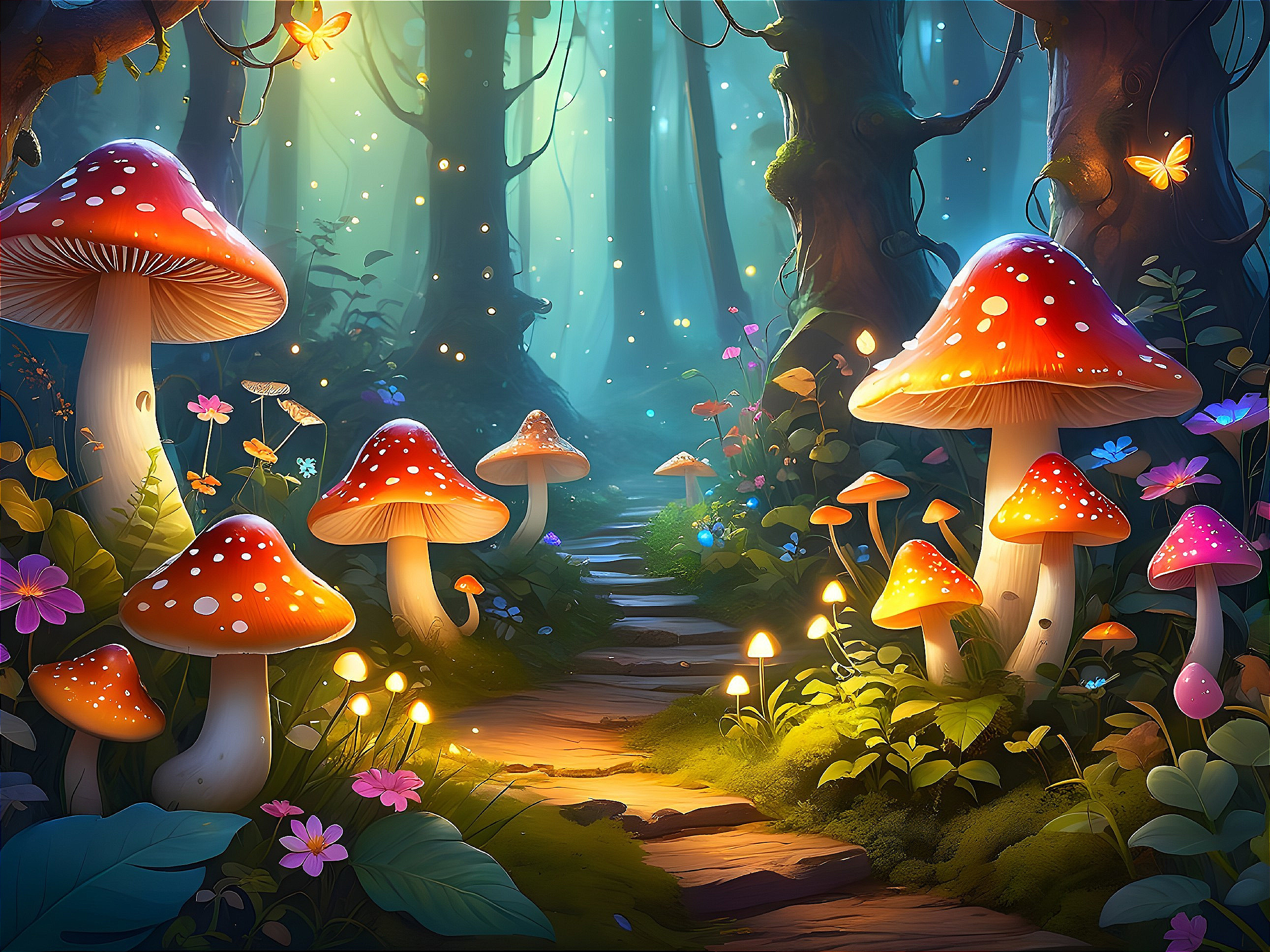 Vibrant Forest Scene with Oversized Mushrooms and Flowers