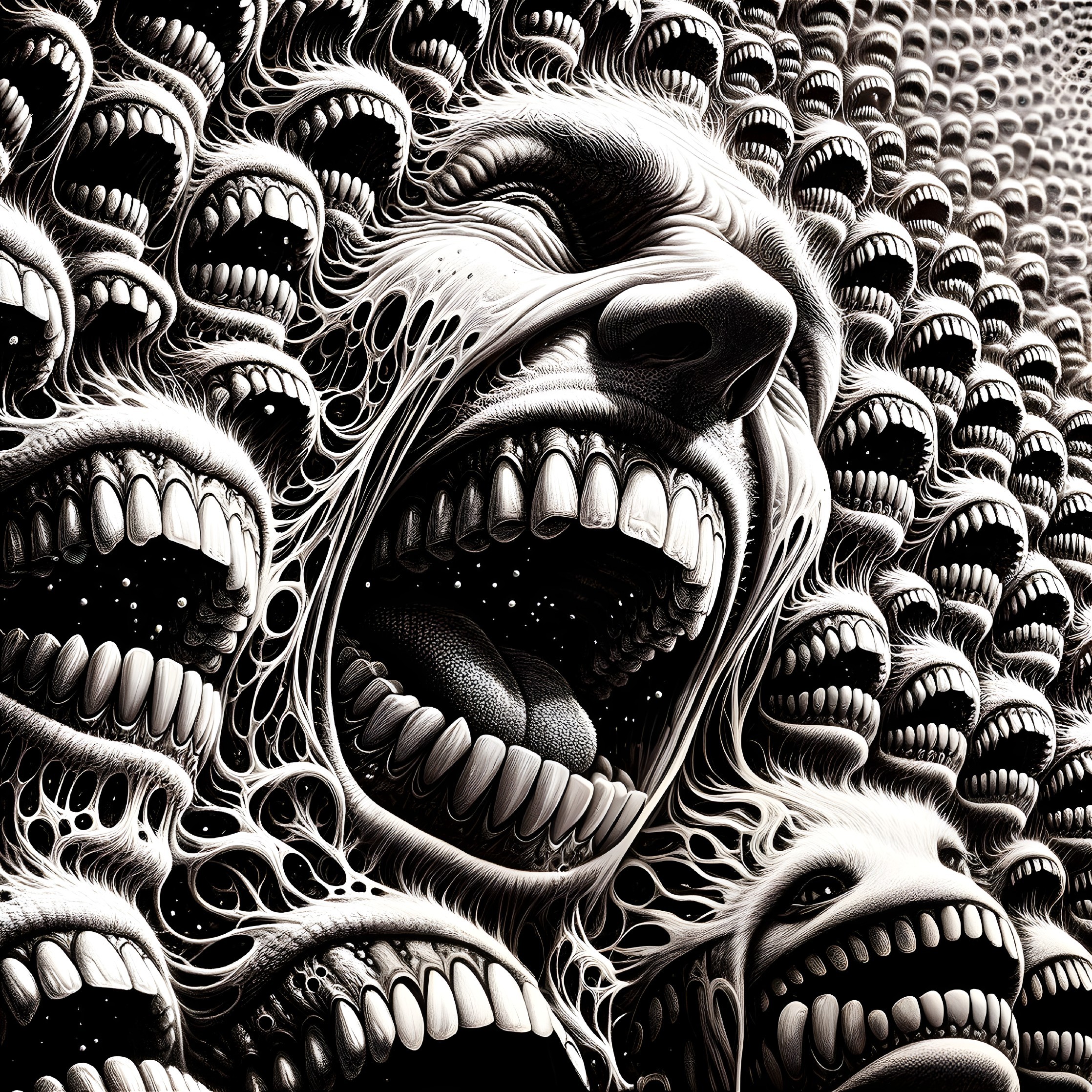 Surreal Black and White Illustration of Beast Faces