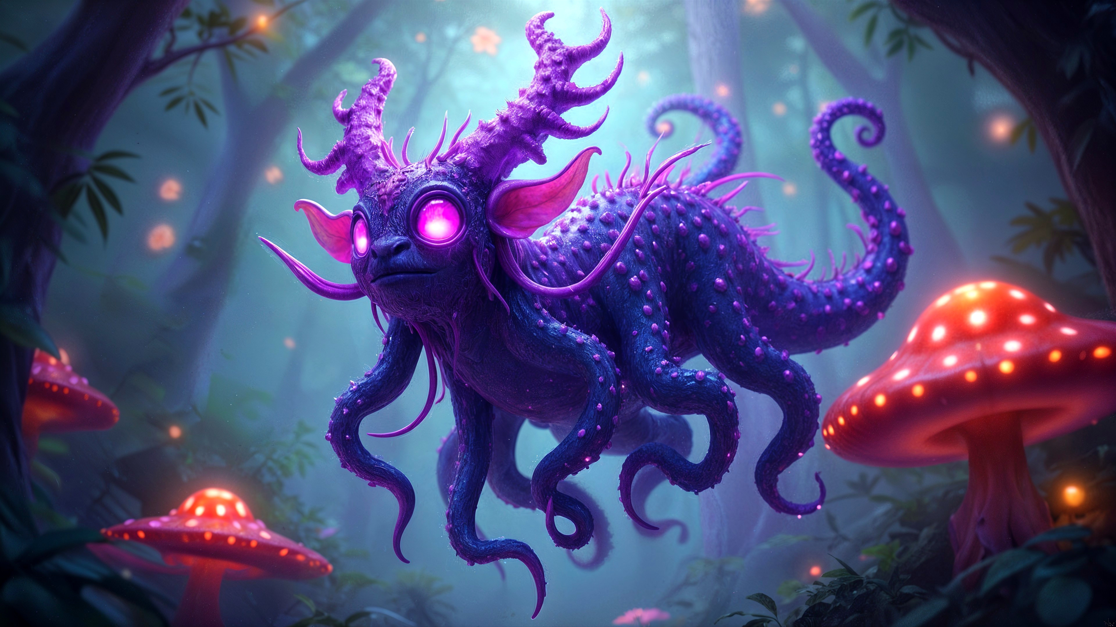 Fantastical creature in a mystical forest setting