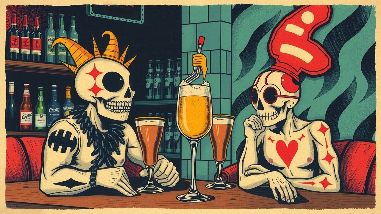 Colorful Skeletons Conversing in a Bar Setting