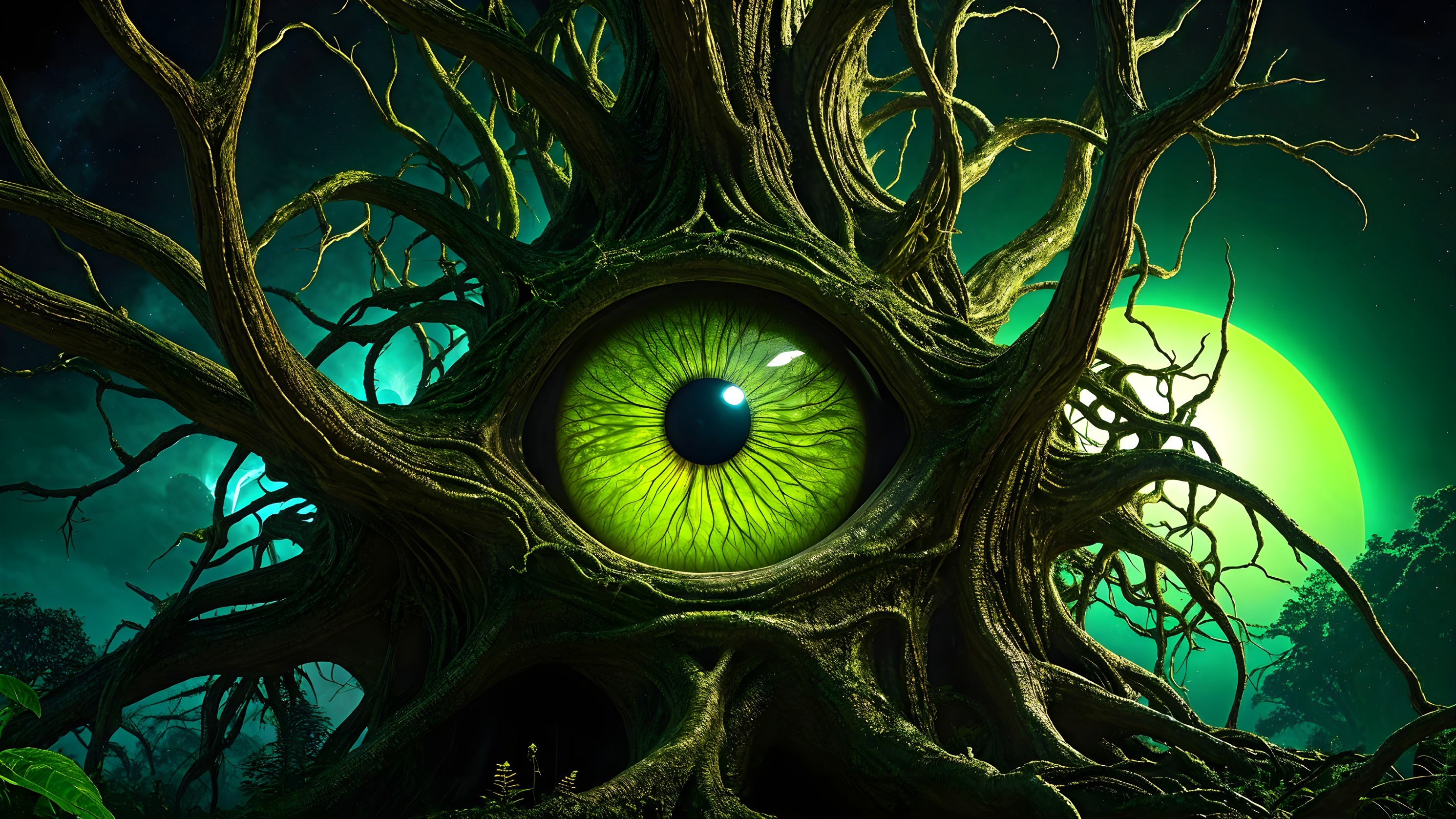 Gnarled tree with glowing eye in mysterious landscape