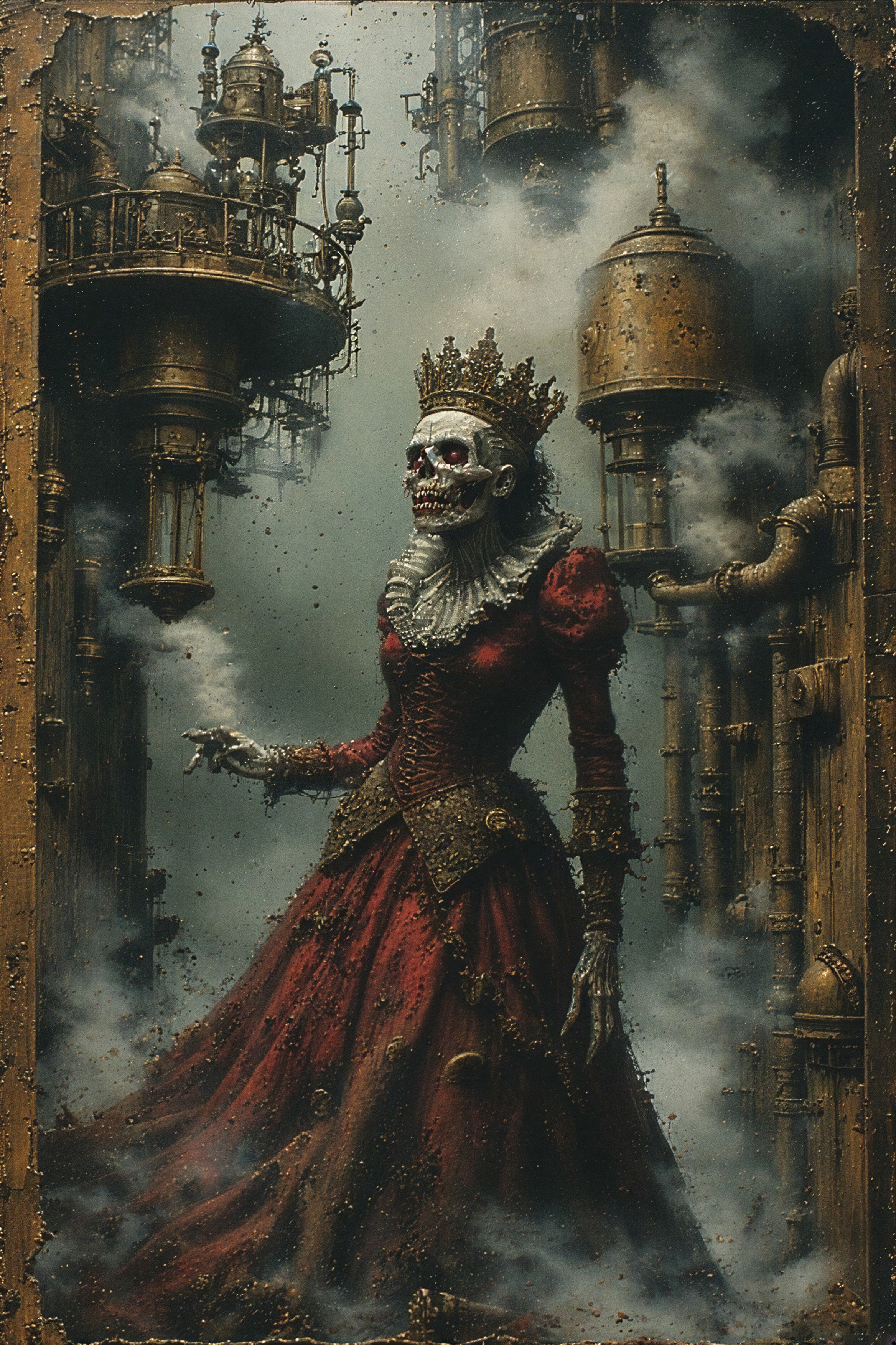 Regal figure in red gown with skull face in misty setting