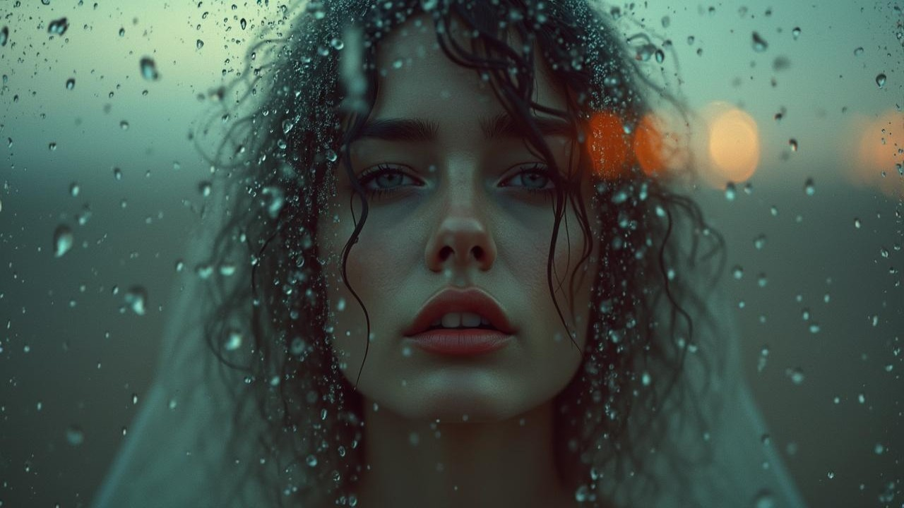 Close-Up Portrait of Young Woman with Raindrops